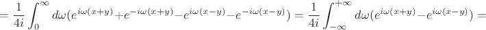 $$=\frac{1}{4i}\int_{0}^{\infty}d\omega(e^{i\omega (x+y)}+e^{-i\omega (x+y)}-e^{i\omega (x-y)}-e^{-i\omega (x-y)})=\frac{1}{4i}\int_{-\infty}^{+\infty}d\omega(e^{i\omega(x+y)}-e^{i\omega(x-y)})=$$
