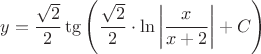 $$y = \frac{\sqrt{2}}{2} \tg \left ( \frac{\sqrt{2}}{2} \cdot \ln \left | \frac{x}{x+2} \right | + C \right )$$