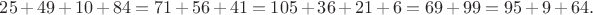 $25+49+10+84=71+56+41=105+36+21+6=69+99=95+9+64.$