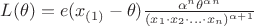 $L(\theta) = e(x_{(1)}-\theta) \frac {\alpha ^n \theta ^{\alpha n}} {(x_1 \cdot x_2 \cdot ... \cdot x_n)^{\alpha + 1}}$