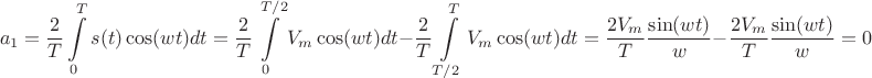 $$a_1 = \frac{2}{T}\int\limits_{0}^{T}s(t)\cos(wt)dt=\frac{2}{T}\int\limits_{0}^{T/2}V_m\cos(wt)dt-\frac{2}{T}\int\limits_{T/2}^{T}V_m\cos(wt)dt=\frac{2V_m}{T}\frac{\sin(wt)}{w}-\frac{2V_m}{T}\frac{\sin(wt)}{w}=0$$