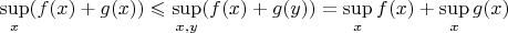 $\, \sup\limits_{x} (f(x) + g(x) ) \leqslant \sup\limits_{x, y}  (f(x) + g(y) )=\sup\limits_{x} f(x) + \sup\limits_{x}g(x)$