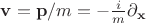 $\mathbf{v} = \mathbf{p}/m = -\frac{i}{m} \partial_{\mathbf{x}}$