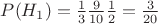 $ P(H_{1}) = \frac{1}{3}\frac{9}{10}\frac{1}{2}=\frac{3}{20}$