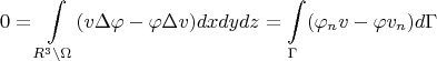 $$0 = \int \limits_{R^3 \setminus \Omega}(v\Delta \varphi  - \varphi \Delta v)dxdydz = \int \limits_{\Gamma} (\varphi_n v - \varphi v_n)d\Gamma$$