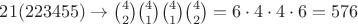 $21(223455) \to \binom{4}{2}\binom{4}{1}\binom{4}{1}\binom{4}{2}=6\cdot4\cdot4\cdot6=576$