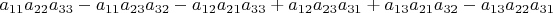 $a_{11}a_{22}a_{33}  - a_{11}a_{23}a_{32} - a_{12}a_{21}a_{33} + a_{12}a_{23}a_{31} + a_{13}a_{21}a_{32} - a_{13}a_{22}a_{31}$