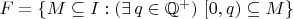 $F=\{M\subseteq I : (\exists\,q\in\mathbb Q^+)\ [0,q)\subseteq M\}$