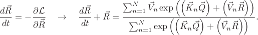 $$
\frac{d \vec{R}}{d t} = - \frac{\partial \mathcal{L}}{\partial \vec{R}}
\quad
\to
\quad
\frac{d \vec{R}}{d t} + \vec{R} = \frac{\sum_{n = 1}^{N} \vec{V}_{n}
\exp \left( \left(\vec{K}_{n} \vec{Q}\right) + \left(\vec{V}_{n} \vec{R}\right) \right)}{\sum_{n = 1}^{N}
\exp \left( \left(\vec{K}_{n} \vec{Q}\right) + \left(\vec{V}_{n} \vec{R}\right) \right)}.
$$