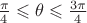 $\frac{\pi}{4}\leqslant \theta \leqslant \frac{3\pi}{4}$