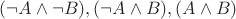 $(\neg A\wedge \neg B), (\neg A\wedge B), (A\wedge B)$
