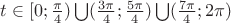 $t \in [0;\frac{\pi}{4})\bigcup(\frac{3\pi}{4};\frac{5\pi}{4})\bigcup(\frac{7\pi}{4};2\pi)$