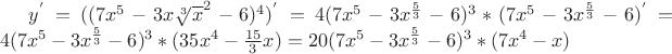 $y^{'} = ((7x^5 - 3x \sqrt[3] x^{2}-6)^4)^{'} = 4(7x^5 - 3x^{\frac{5}{3}}-6)^{3}*(7x^5 - 3x^{\frac{5}{3}}-6)^{'}=4(7x^5 - 3x^{\frac{5}{3}}-6)^{3}*(35x^{4} - \frac{15}{3}x)=20(7x^5 - 3x^{\frac{5}{3}}-6)^{3}*(7x^{4} - x)$