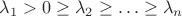 $\lambda_1 > 0 \ge  \lambda_2 \ge \ldots \ge \lambda_n$