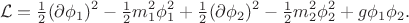 $$\mathcal{L}=\tfrac{1}{2}(\partial\phi_1)^2-\tfrac{1}{2}m_1^2\phi_1^2+\tfrac{1}{2}(\partial\phi_2)^2-\tfrac{1}{2}m_2^2\phi_2^2+g\phi_1\phi_2.$$ $$\mathcal{L}=\tfrac{1}{2}(\partial\phi_1)^2-\tfrac{1}{2}m_1^2\phi_1^2+\tfrac{1}{2}(\partial\phi_2)^2-\tfrac{1}{2}m_2^2\phi_2^2+g\phi_1\phi_2.$$
