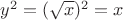 $y^2=(\sqrt{x})^2=x$