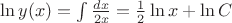 $\ln y(x)=\int \frac{dx}{2x}=\frac{1}{2}\ln x+\ln C$