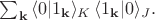 $\sum_{\mathbf{k}} \, \langle 0|1_{\mathbf{k}} \rangle_K \, \langle 1_{\mathbf{k}}|0 \rangle_J.$