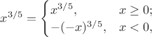 $x^{3/5} = \begin{cases}
x^{3/5}, & x \ge 0;\\
- (-x)^{3/5}, & x  < 0,\\
\end {cases}$