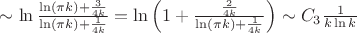 $\sim\ln\frac{ \ln(\pi k) + \frac{3}{4k} }{ \ln(\pi k) + \frac{1}{4k} } = 
\ln\left( 1+\frac{\frac{2}{4k} }{\ln(\pi k) + \frac{1}{4k}} \right) 
\sim C_3\frac{1}{k\ln k}$