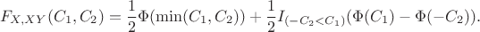 $$F_{X, XY}(C_1, C_2) = \frac12\Phi(\min(C_1, C_2))+\frac12 I_{(-C_2<C_1)}(\Phi(C_1)-\Phi(-C_2)).$$