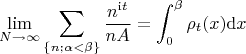 $$\lim_{N\to\infty}\sum\limits_{\{n; \alpha<\beta\}}\frac{n^{\mathrm{i}t}}{nA}=\int_{0}^{\beta}\rho_t(x)\mathrm{d}x$$