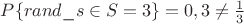 $P\{rand\_s \in S =3\} = 0,3 \ne \frac{1}{3}$