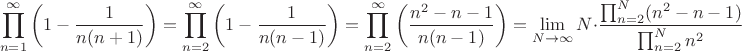 $$\prod_{n=1}^{\infty}\left(1- \frac{1}{n(n+1)}\right) = \prod_{n=2}^{\infty}\left(1- \frac{1}{n(n-1)}\right) = \prod_{n=2}^{\infty}\left(\frac{n^2-n-1}{n(n-1)}\right) = \lim_{N \to \infty} N \cdot \frac{\prod_{n=2}^{N}(n^2-n-1)}{\prod_{n=2}^{N} n^2}$$