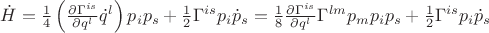 $\dot{H}=\frac{1}{4}\left(\frac{\partial\Gamma^{is}}{\partial q^{l}}\dot{q}^{l}\right)p_{i}p_{s}+\frac{1}{2}\Gamma^{is}p_{i}\dot{p}_{s}=\frac{1}{8}\frac{\partial\Gamma^{is}}{\partial q^{l}}\Gamma^{lm}p_{m}p_{i}p_{s}+\frac{1}{2}\Gamma^{is}p_{i}\dot{p}_{s}$