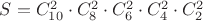 $S=C_{10}^2 \cdot C_8^2 \cdot C_6^2 \cdot C_4^2 \cdot C_2^2$