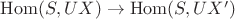 $\mathrm{Hom}(S,UX)\to\mathrm{Hom}(S,UX')$