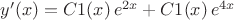 $y'(x)=C1(x)\,e^{2x}+C1(x)\,e^{4x}$ $y'(x)=C1(x)\,e^{2x}+C1(x)\,e^{4x}$