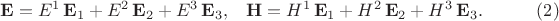$$\begin{xalignat*}{3}&\mathbf E=E^1\,\mathbf E_1+E^2\,\mathbf E_2+E^3\,\mathbf E_3,
&&\mathbf H=H^1\,\mathbf E_1+H^2\,\mathbf E_2+H^3\,\mathbf E_3.&&\qquad\eqno{(2)}\end{xalignat*}$$