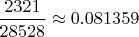 $\dfrac{2321}{28528} \approx 0.081359$