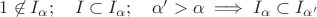$1 \not \in I_\alpha; \quad I \subset I_\alpha; \quad \alpha' > \alpha \implies I_\alpha \subset I_{\alpha'}$
