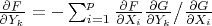 $\frac{\partial F}{\partial Y_k}=-\sum_{i=1}^p\frac{\partial F}{\partial X_i}\frac{\partial G}{\partial Y_k} \big/ \frac{\partial G}{\partial X_i}$