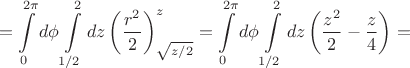 $$ = \int\limits_{0}^{2 \pi} d \phi \int\limits_{1/2}^{2}dz \left (\frac{r^2}{2}\right ) \right |^z_{\sqrt{z/2}} = 
\int\limits_{0}^{2 \pi} d \phi \int\limits_{1/2}^{2}dz \left (\frac{z^2}{2}-\frac{z}{4} \right) } =$$