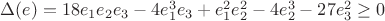 $\Delta(e) = 18e_1e_2e_3 - 4e_1^3e_3 + e_1^2e_2^2 - 4e_2^3 - 27e_3^2 \ge 0$