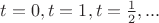 $t=0, t=1, t= \frac{1}{2},...$