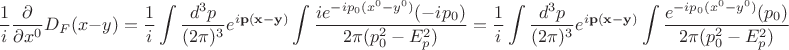$$\frac{1}{i}\frac{\partial}{\partial x^0}D_F(x-y)=\frac{1}{i}\int\frac{d^3p}{(2\pi)^3}e^{i\mathbf{p(x-y)}}\int\frac{ie^{-ip_0(x^0-y^0)}(-ip_0)}{2\pi(p_0^2-E_p^2)}=\frac{1}{i}\int\frac{d^3p}{(2\pi)^3}e^{i\mathbf{p(x-y)}}\int\frac{e^{-ip_0(x^0-y^0)}(p_0)}{2\pi(p_0^2-E_p^2)}$$