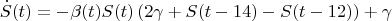 $$\dot S(t)=-\beta(t)S(t)\left(2\gamma + S(t-14)-S(t-12)\right)+\gamma$$