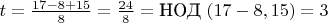 $t=\frac{17-8+15}{8}=\frac{24}{8}=\text{НОД}\ (17-8,15)=3$