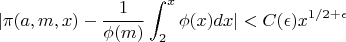 $$|\pi (a,m,x)-\frac{1}{\phi(m)} \int_2^x \phi(x)dx |<C(\epsilon)x^{1/2 +\epsilon}$$