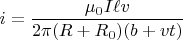 $i=\dfrac{\mu_0 I\ell v}{2\pi(R+R_0)(b+vt)}$