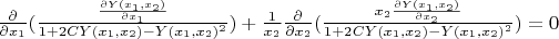 $\frac{\partial}{\partial x_1}(\frac{\frac{\partial Y(x_1,x_2)}{\partial x_1}}{1+2 C Y(x_1,x_2)-Y(x_1,x_2)^2})+\frac{1}{x_2}\frac{\partial}{\partial x_2}(\frac{x_2 \frac{\partial Y(x_1,x_2)}{\partial x_2}}{1+2 C Y(x_1,x_2)-Y(x_1,x_2)^2})=0$