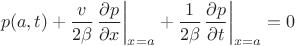 $$p(a,t) + \frac{v}{{2\beta }}{\left. {\frac{{\partial p}}{{\partial x}}} \right|_{x = a}} + \frac{1}{{2\beta }}{\left. {\frac{{\partial p}}{{\partial t}}} \right|_{x = a}} = 0$$