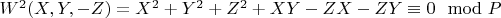 $W^2(X,Y,-Z)= X^2+Y^2+Z^2+XY-ZX-ZY\equiv0\mod{P}$