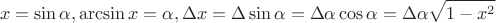$$x=\sin \alpha , \arcsin x = \alpha , \Delta x = \Delta \sin \alpha = \Delta \alpha \cos \alpha = \Delta \alpha \sqrt{1-x^2}$$