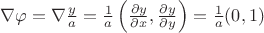 $\nabla\varphi=\nabla\frac y a = \frac 1 a \left(\frac{\partial y}{\partial x}, \frac{\partial y}{\partial y}\right)=\frac 1 a (0, 1)$