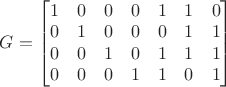 $G = \begin{bmatrix}
 1 & 0 & 0 & 0 & 1 & 1 & 0 \\
 0 & 1 & 0 & 0 & 0 & 1 & 1 \\
 0 & 0 & 1 & 0 & 1 & 1 & 1 \\
 0 & 0 & 0 & 1 & 1 & 0 & 1 
\end{bmatrix}$